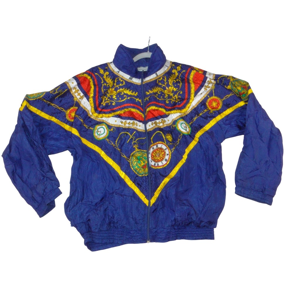 Vintage Bay 90s Baroque Pocket Watch Print Windbreaker Jacket Blue XL RN42738